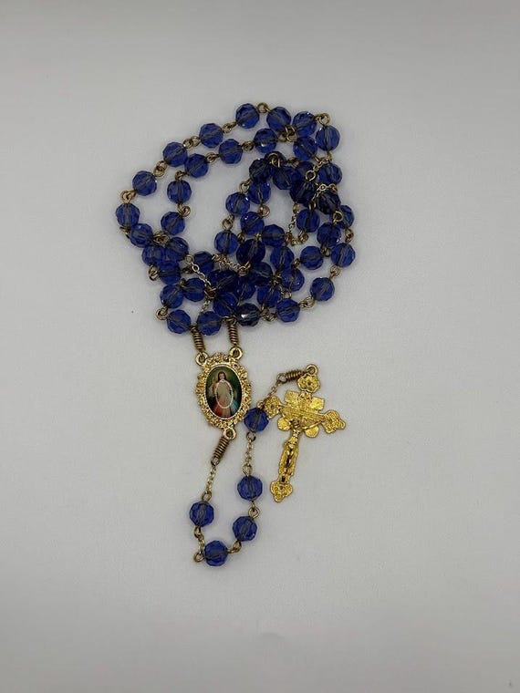 25" tanzanite purple faceted crystal bead rosary with Divine Mercy center and Renaissance crucifix