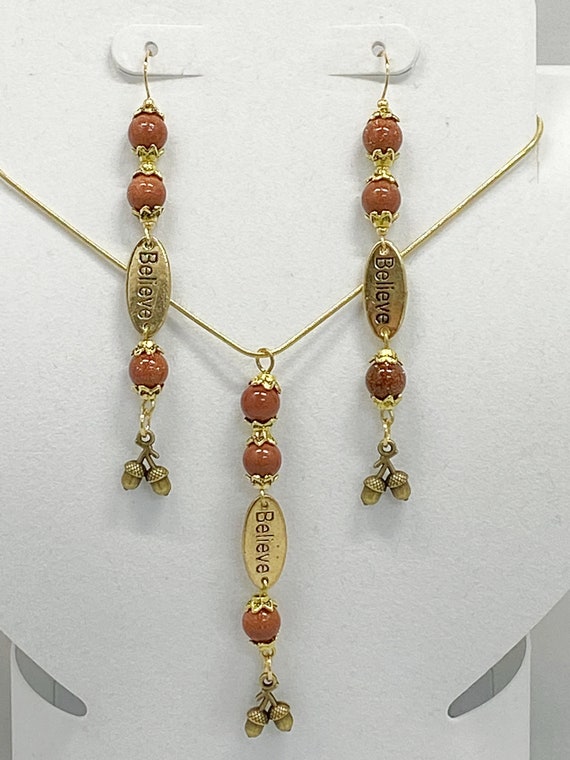 18" gold brownstone BELIEVE necklace earrings set