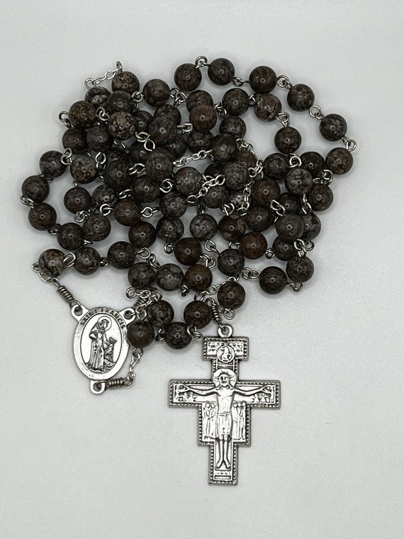 31.5" brown snow jasper 7 decade Franciscan Crown rosary