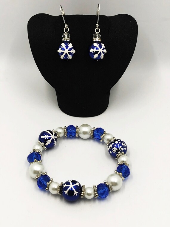Blue, white, and silver, snowflake bracelet/earring set