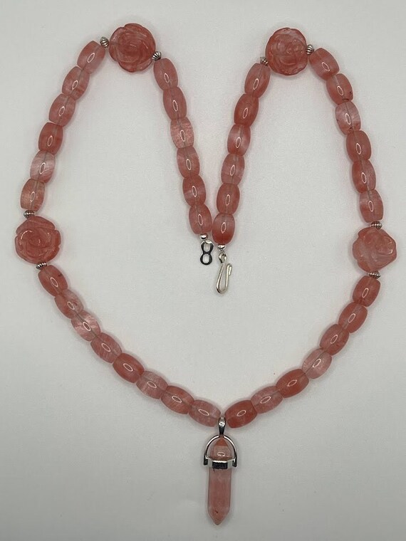 22" cherry quartz necklace with point and roses with silver accents