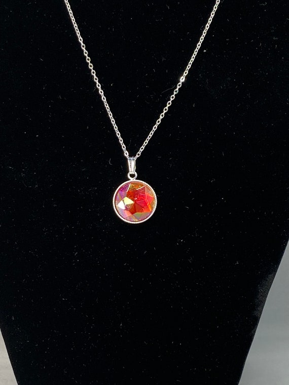 18" red faceted pendant on silver