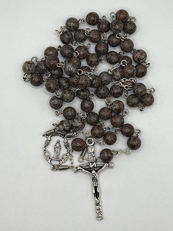 25" snowflake jasper bead rosary with Good Shepard center and woodgrain crucifix