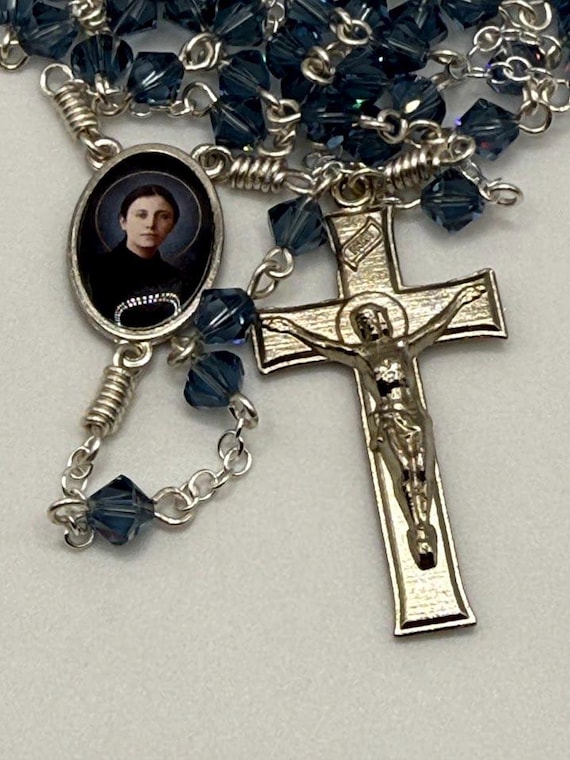 23" blue crystal bead rosary with St Gemma Galgani center and mission crucifix