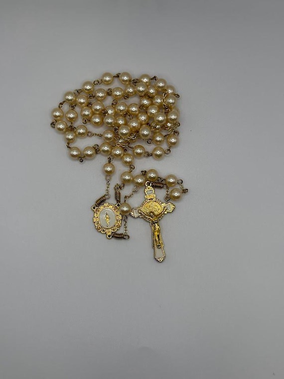 24.5" cream pearl bead rosary with white enamel Miraculous Medal center and St Benedict crucifix set