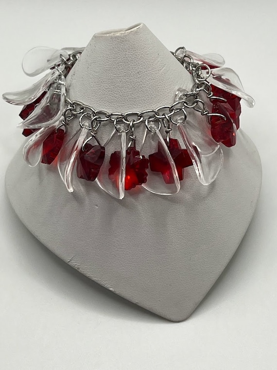 6" red glass drops and clear petals charm bracelet