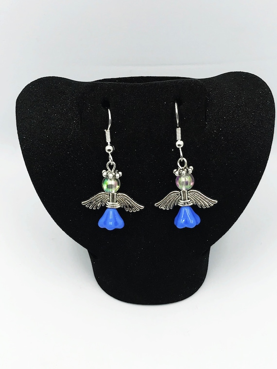 Silver angel with blue skirt earrings