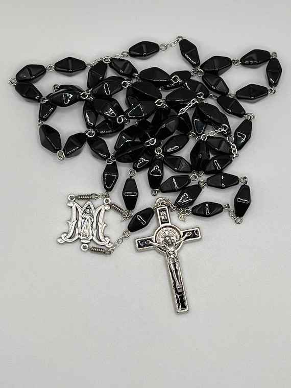 33" black glass double cone bead rosary with Divine Mercy center and St. Benedict crucifix