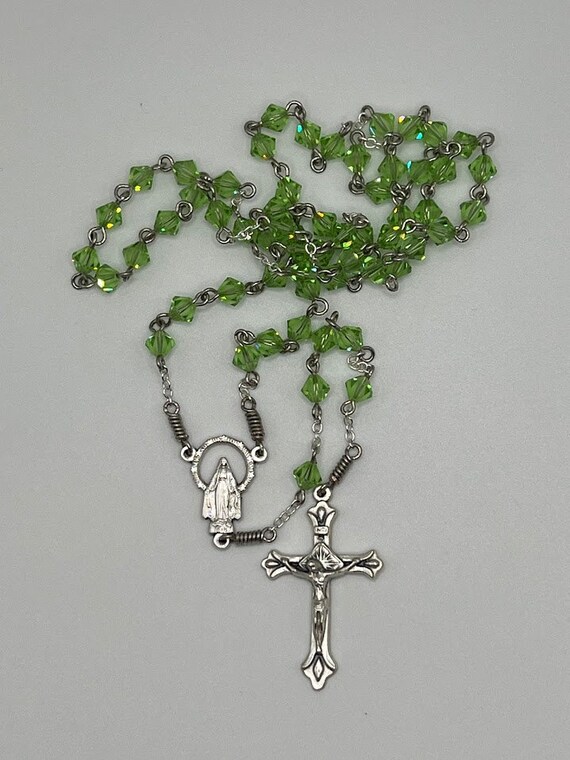 20.5" peridot green Swarovski crystal bead rosary with IHM center and teardrop crucifix