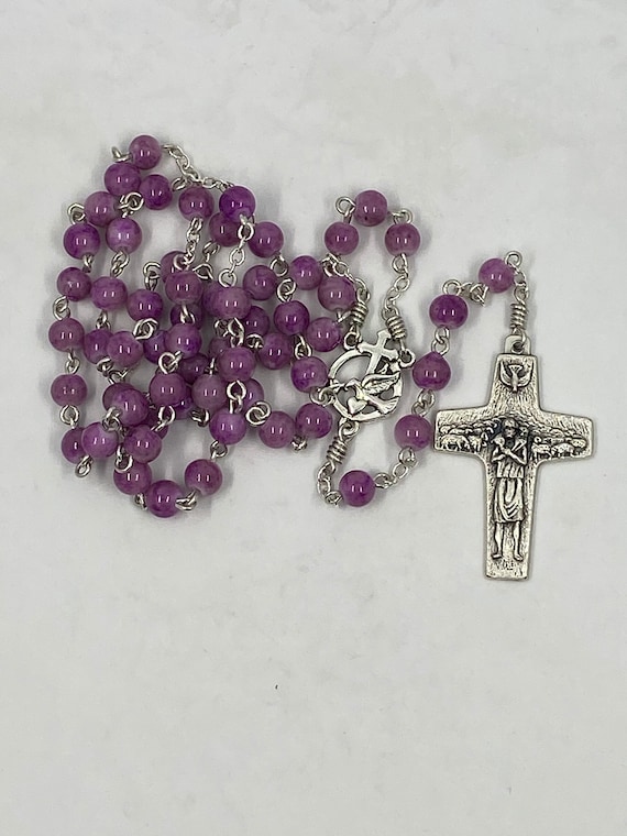 6mm purple bead rosary with dove and cross center and Shepherd crucifix