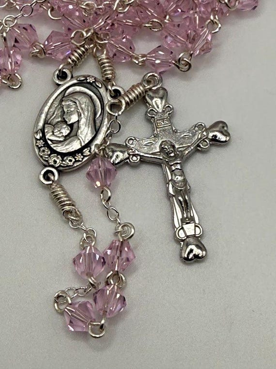 27.5" pink crystal 7 decade crown rosary with Madonna/Sacred Heart center and heart tipped crucifix