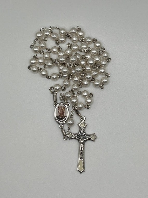 20.5" warm white pearl bead rosary with St Agatha center and enamel crucifix