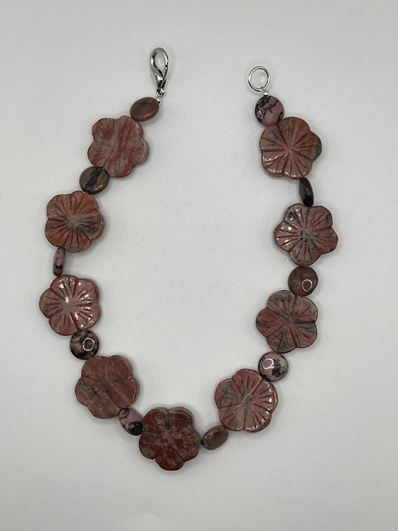 14" rhodochrosite flowers and flat rounds on silver with lobster clasp