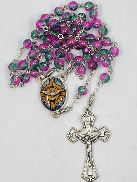 19.5" pink/green bead rosary with enamel Holy Spirit center