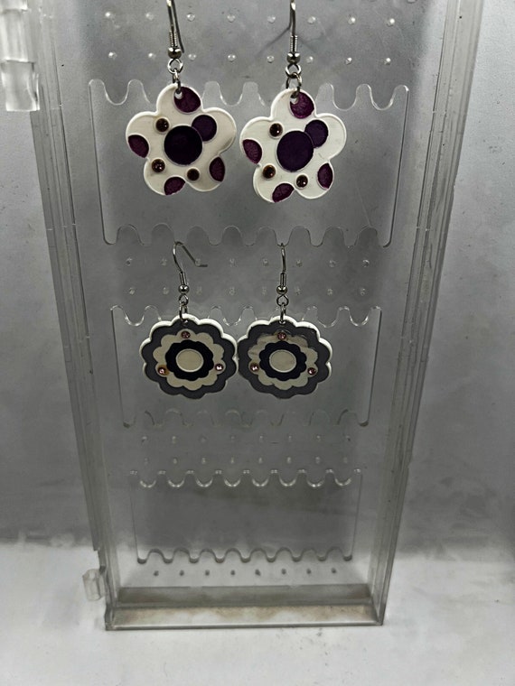 Purple/blue painted porcelain earrings with pink crystal accents