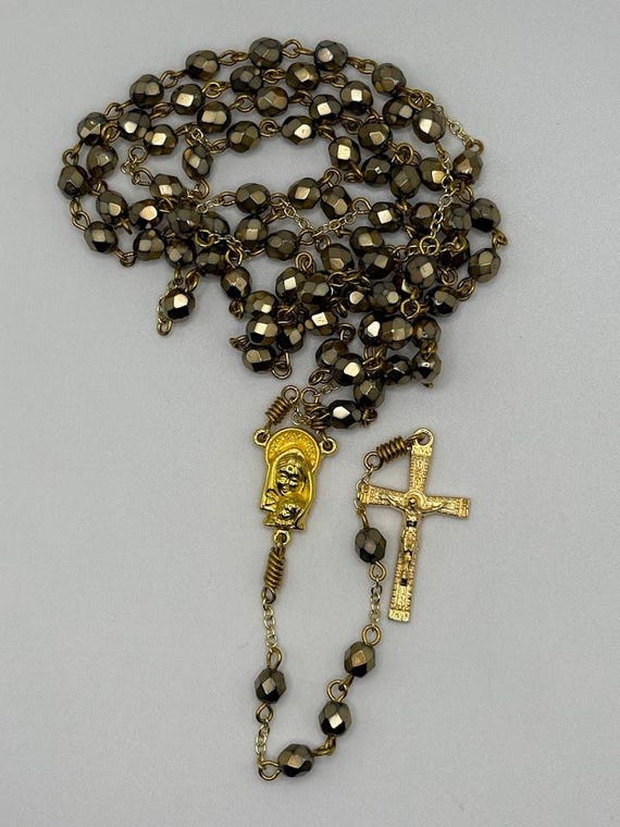 27.5" metallic gold coated glass bead 7 decade crown rosary with Madonna and Child/Sacred Heart center
