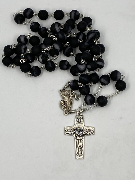 25" rubber bead rosary with Madonna center and Pope Francis crucifix