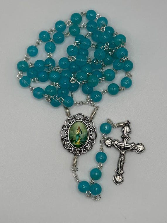23.5" sea glass blue bead rosary with Stella Maris center and seashell crucifix