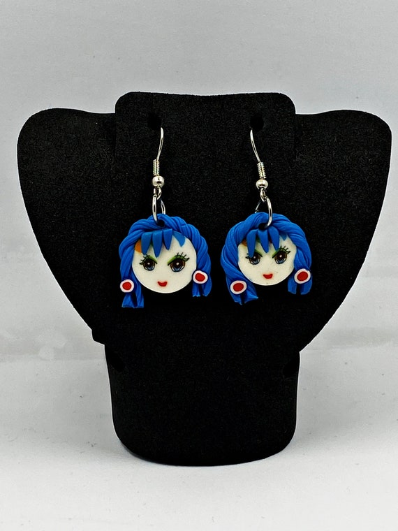 Polymer clay girl with blue hair earrings