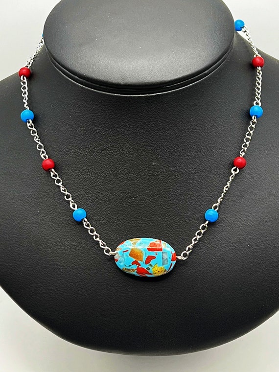 16.5" blue and red bead and chain choker