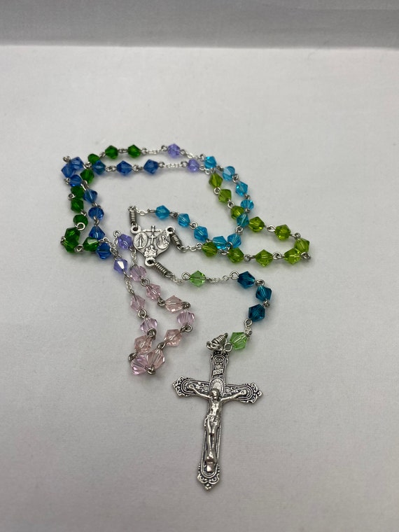 20" blue, green, and pink crystal rosary
