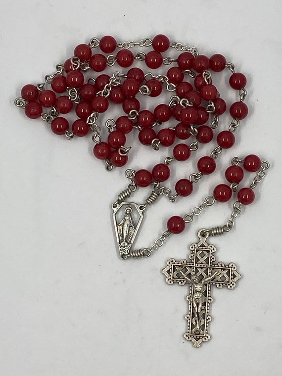 20" red bead rosary with Immaculate Heart center