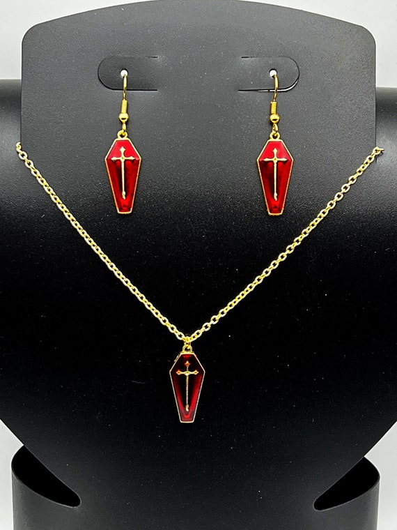 18" Enamel coffin necklace and earring set