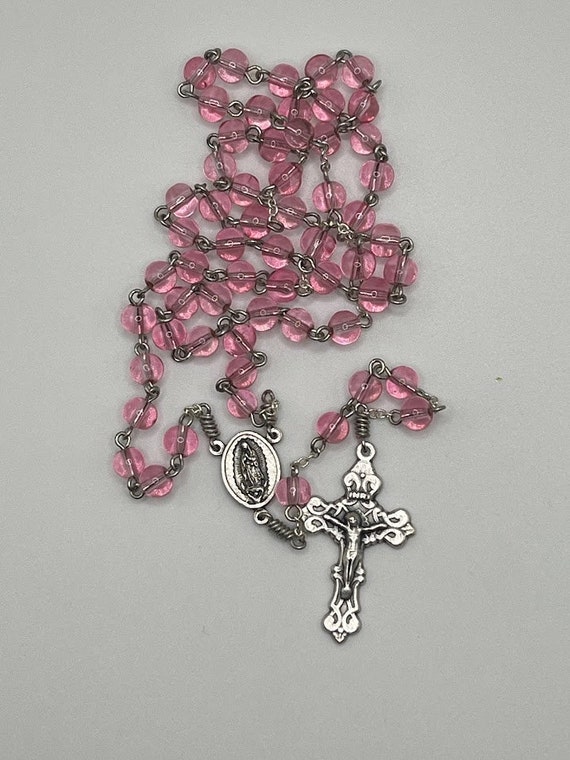 19" pink glass bead rosary with Our Lady of Guadalupe center and fancy crucifix