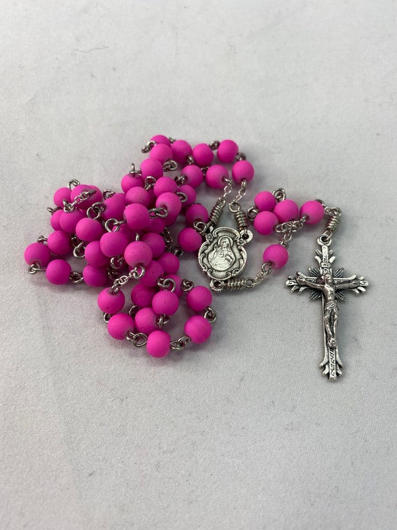 18.5" pink rubber bead rosary with Sacred Heart center and sunburst crucifix