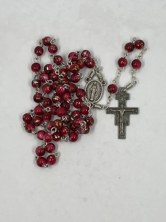 6mm red speckle bead rosary with Immaculate Heart of Mary center and San Damiano crucifix