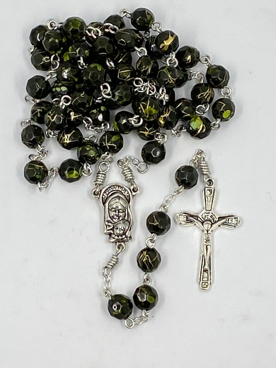 22" black/green/gold splatter bead rosary with Madonna/Sacred Heart center