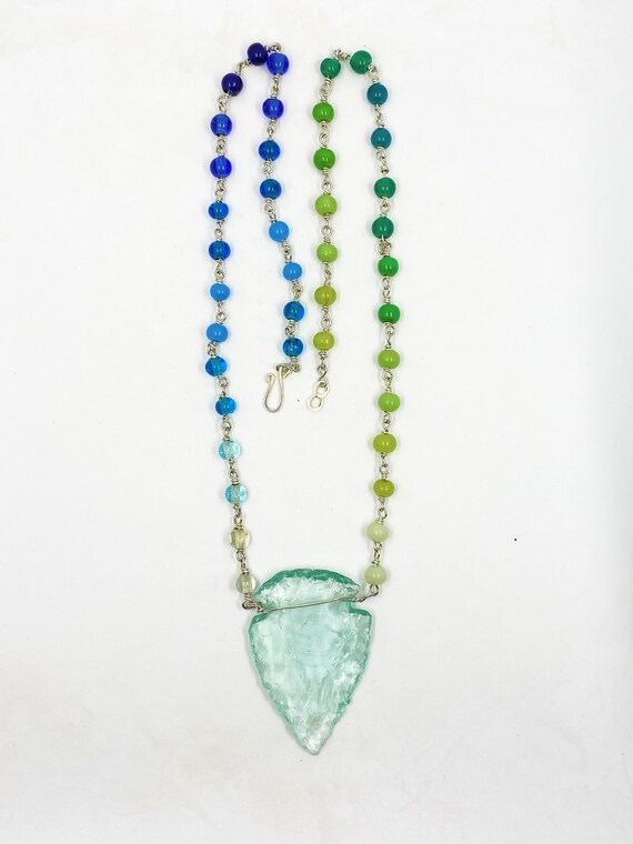 26" Hand-hewn glass arrowhead with gradient blues and greens necklace
