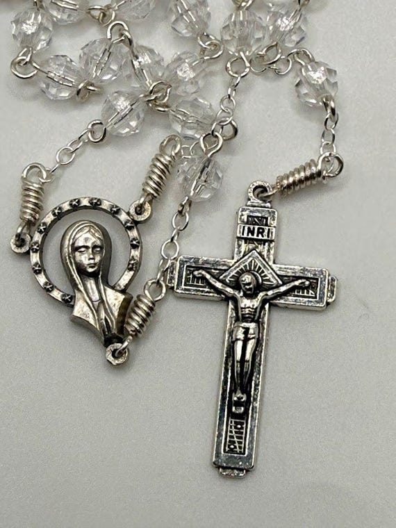 28.5" clear bead 7 decade crown rosary with Miraculous Medal center and Fatima crucifix