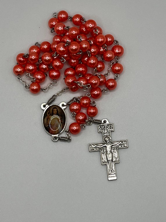 22" orange pearl glass bead rosary with enamel Divine Mercy center and San Damiano crucifix