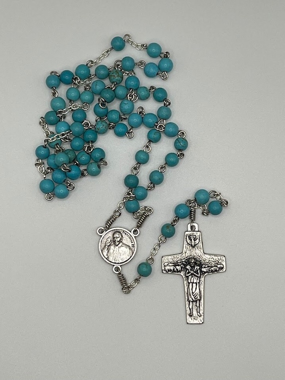 19.5" blue turquoise bead rosary with Pope Francis center/crucifix