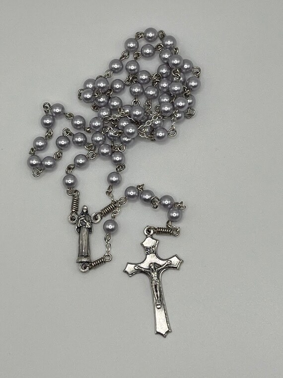 20.5 Gray Swarovski pearl rosary with St Rita center