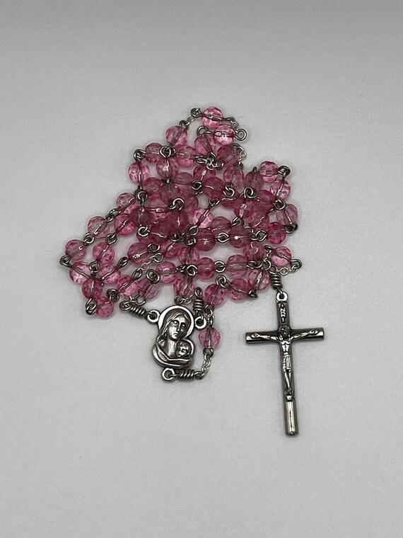 18.5" pink faceted bead rosary with Madonna and Child center and round crucifix