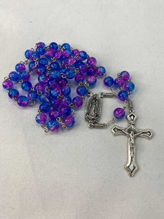 22" pink/blue crackle bead rosary with Our Lady of Guadalupe center