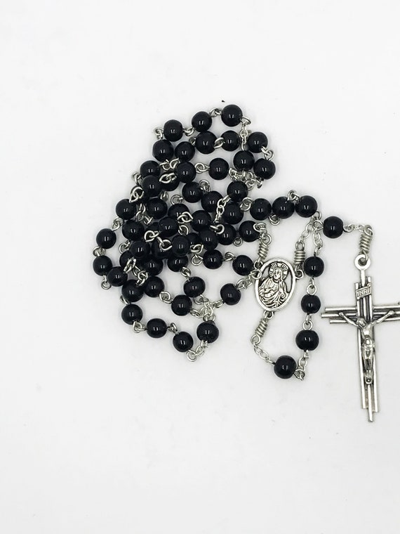 6mm Black bead rosary with Sacred Heart center