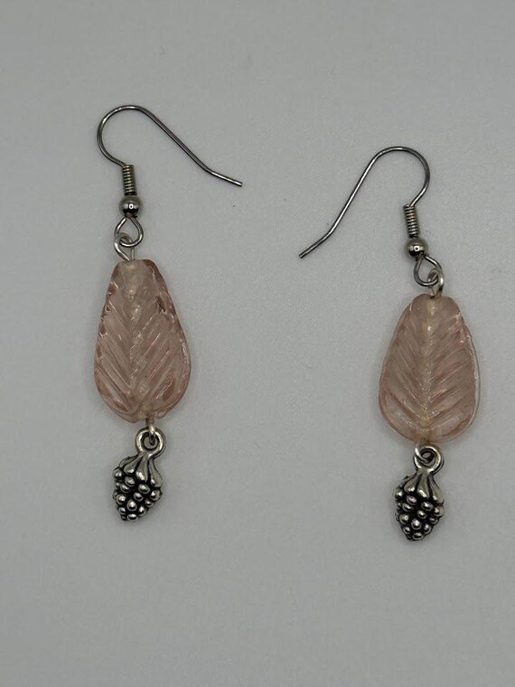 Pale peach glass leaf earrings with pinecone drop