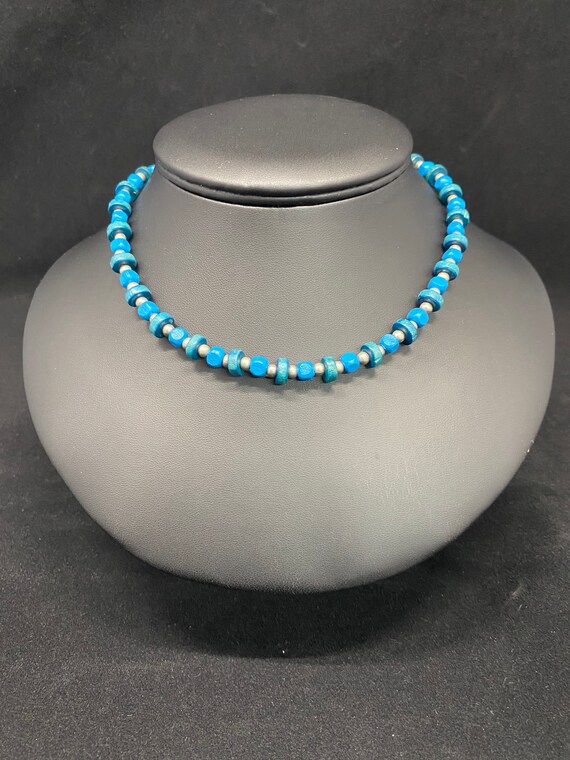 16" blues and silver wooden bead necklace