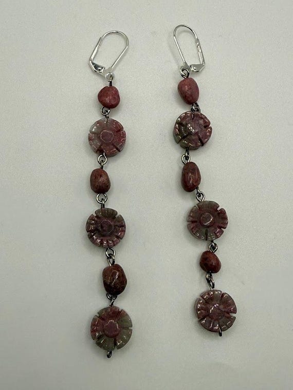 4" rhodonite flower earrings