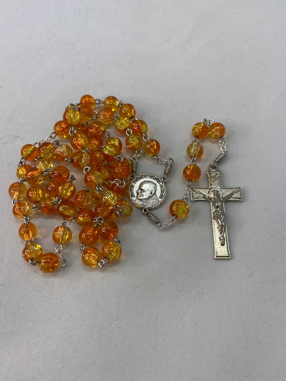 21.5" orange/yellow crackle bead rosary with Pope JPII/Holy Spirit center