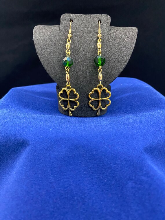 Gold and green four leaf clover earrings