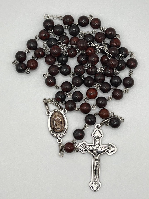 25" brecciated jasper bead rosary with enamel Shroud of Turin center and ivy crucifix