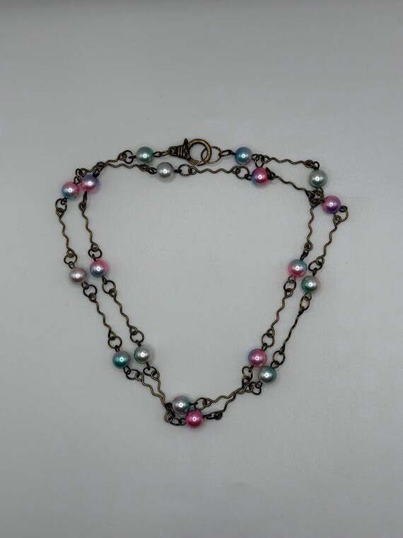 30" pink/blue pearl and brass link necklace