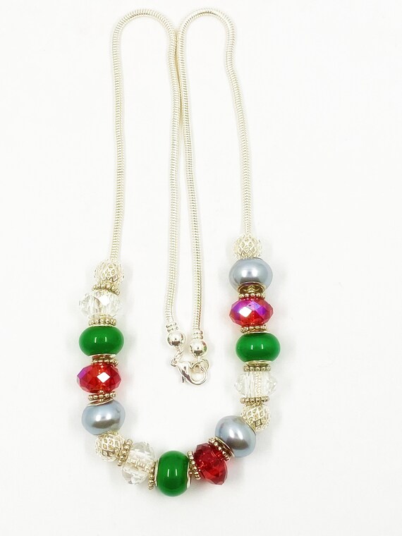 24" Christmas crystal, cat's eye, and pearl necklace