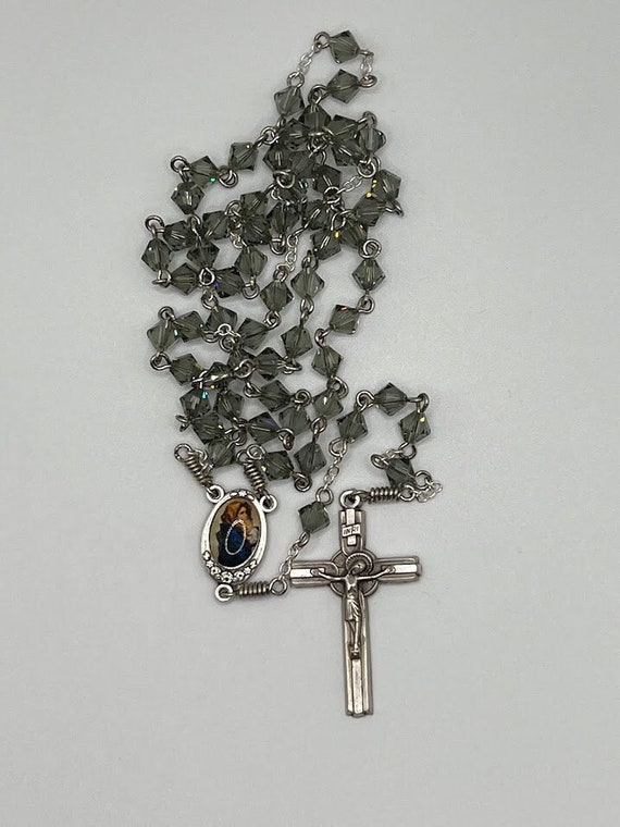 20.5" gray Swarovski crystal rosary with Mary and Child center and raised crucifix