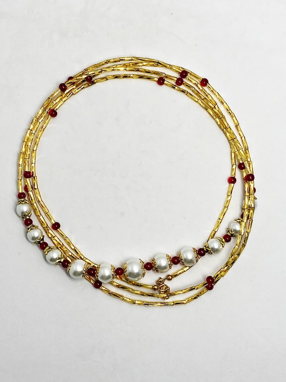 60" pearl, red, and gold necklace