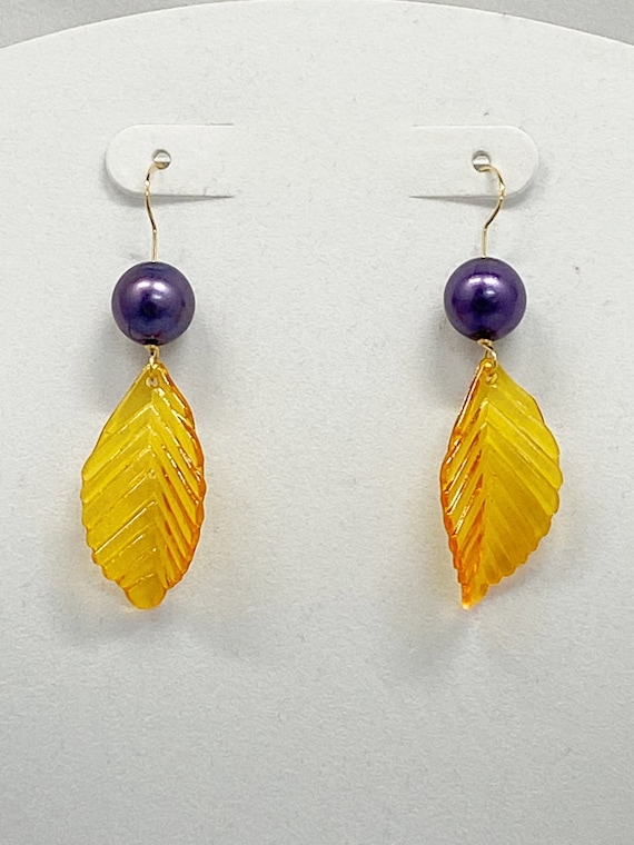 2.5" purple pearl and orange leaf earrings